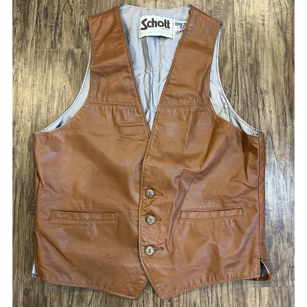 Vintage Schott NYC Leather Vest Size M Brown Men Western Rancher Made In USA